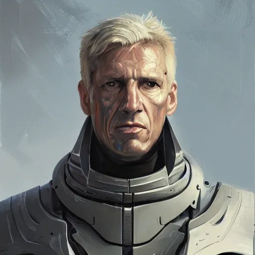 Image similar to Portrait of a man by Greg Rutkowski, he is about 50 years old, short blond hair, athletic and strong, straight jaw, wearing a futuristic tactical gear, expression of determination with weariness and resignation, older brother vibes, highly detailed portrait, digital painting, artstation, concept art, smooth, sharp foccus ilustration, Artstation HQ.