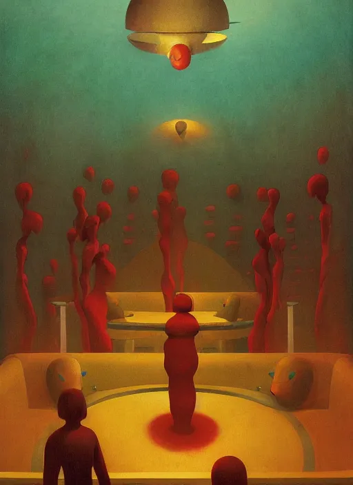 Prompt: spherical lava people at underwater neo-andean restaurant Edward Hopper and James Gilleard, Zdzislaw Beksinski highly detailed
