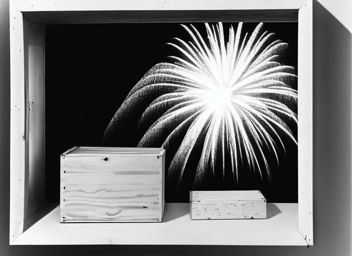 Prompt: realistic photo of a white fireworks, in a wooden box, front view, grain 1 9 9 0, life magazine reportage photo, metropolitan museum photo