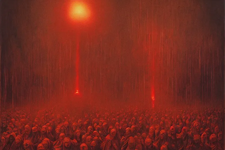 Prompt: parade of priest holding red glowing banners as protection from zombies infestation, gloomy, epic, digitally painted by beksinski, centered, golden ratio