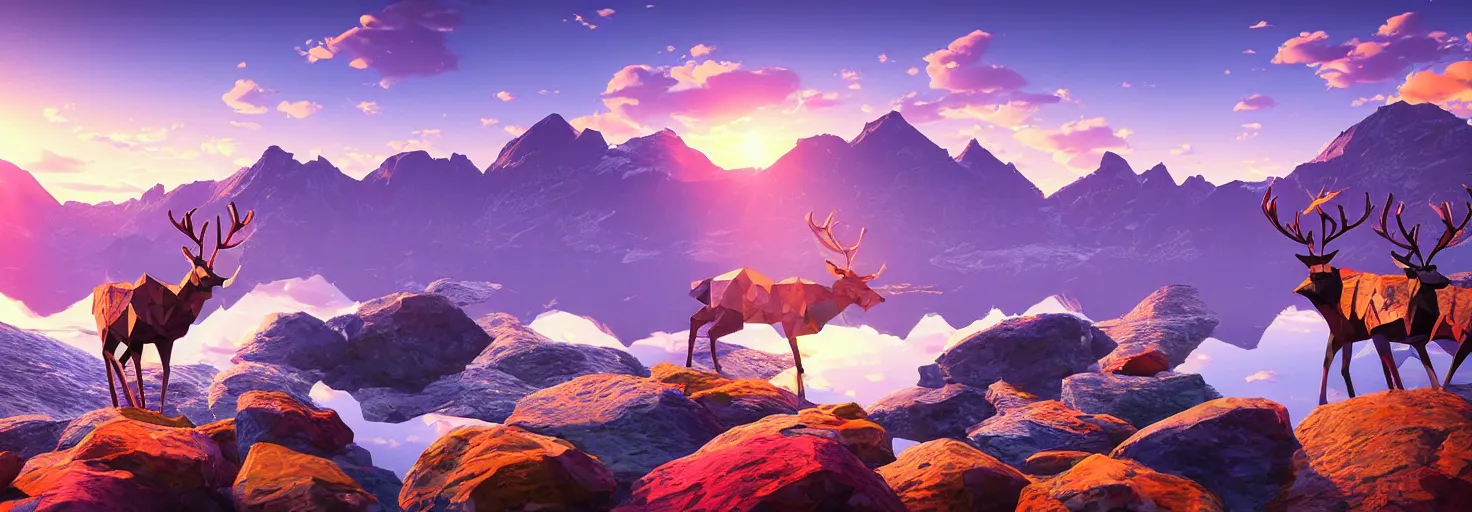 Image similar to super detailed color lowpoly art, northern sunset with rocks on front, lake in the middle of perspective and mountains at background, graphic reindeers in random points, unreal engine, retrowave color palette, 3d render, lowpoly, colorful, digital art