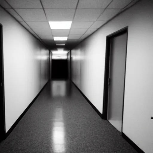 Prompt: a dark figure at the end of a creepy empty office hallway. craiglist photo.