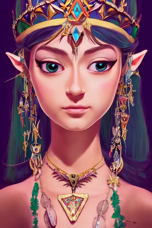 Prompt: beautiful very detailed portrait of a zelda princess with lots of jewelry in the face, full body, in the background there is a minimalistic palace, digital art , dramatic cinematic lighting rendered by octane, 8k, detailed, intricate, clean and textures, trending on artstation, treanding on deviantart, trending on cgsociety, pinterest, by Lauren Brevner + yasutomo oka