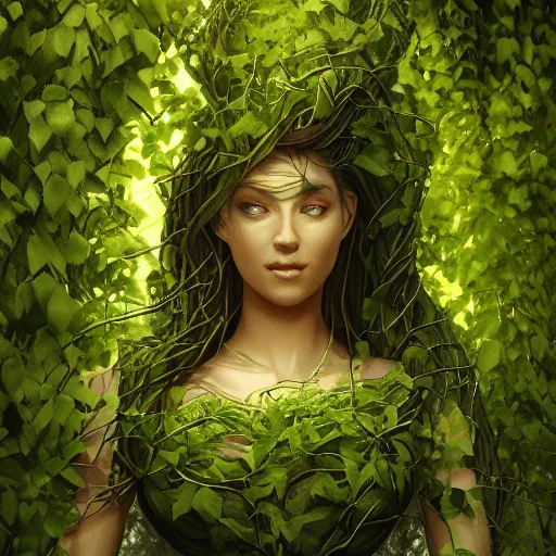 Prompt: a giant lady made of vines and leaves Dramatic Lighting, Trending on Artstation HQ, 4K, UHD.