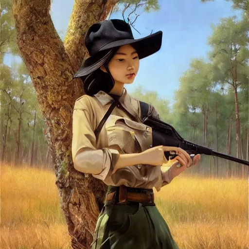 Image similar to oil painting by ilya kuvshinov,, chad knight, artgerm craig mullins, coby whitmore, of a youthful japanese girl, long hair, hunter's outfit, hunter's hat,, holding a rifle highly detailed, breathtaking face, studio photography, noon, intense bounced light, water reflection, large tree casting shadow, serine intense sunlight