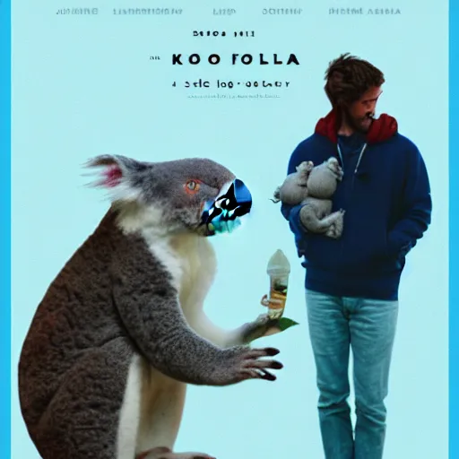 Image similar to Poster for a film about A man and his pet koala, the two characters in foreground, light blue background, minimalist, aesthetic, pinterest, simplistic, film grain, indie film