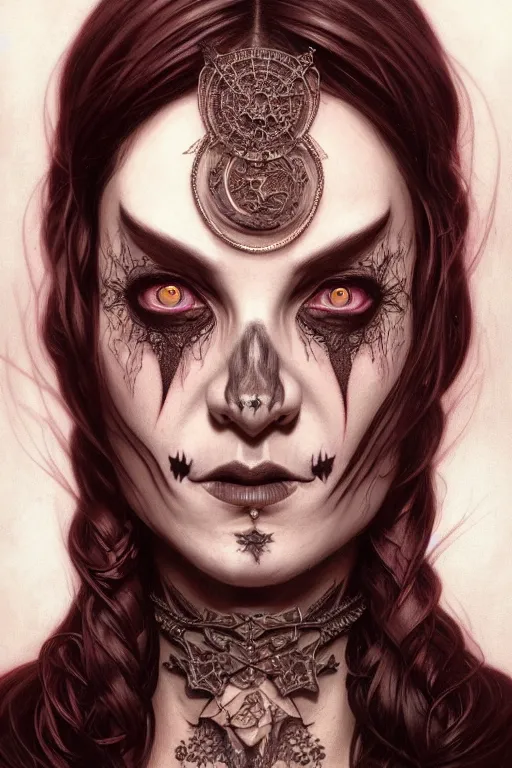 Image similar to portrait of a satanic witch, tattooed face, upper body, decorated, intricate, elegant, highly detailed, digital painting, artstation, concept art, smooth, sharp focus, illustration, art by artgerm and greg rutkowski and alphonse mucha, 8 k