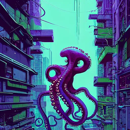 Image similar to A cyberpunk octopus cyborg eats on the street of a cyberpunk city art by Josan Gonzalez, sci-fi, highly detailed, digital painting, artstation, smooth, sharp focus, illustration, concept art by Josan Gonzalez and James Gurney and Mœbius