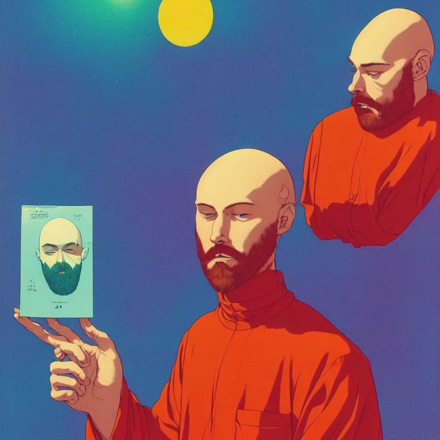 Prompt: a opaque portrait of a young bald bearded man holding a colorful blotter paper of lsd acid and dreaming psychedelic hallucinations in the vast icy landscape of antarctica, by soul bass, kawase hasui, moebius and edward hopper, colorful flat surreal design, xray hd, 8 k, artstation