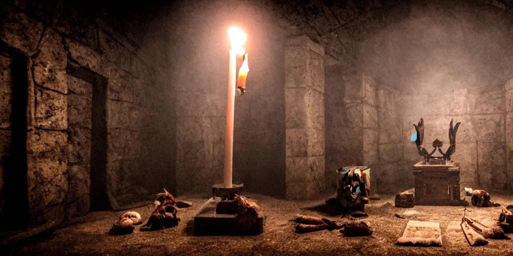 Image similar to sacrifice ritual inside of dark crypt, smoke, horror