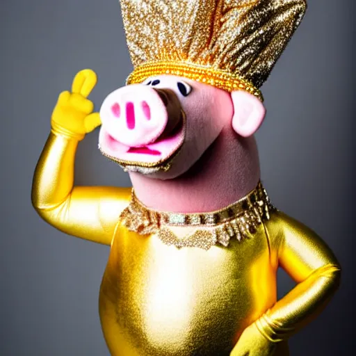 Prompt: studio photograph of a pig wearing a gold crown depicted as a muppet holding sign