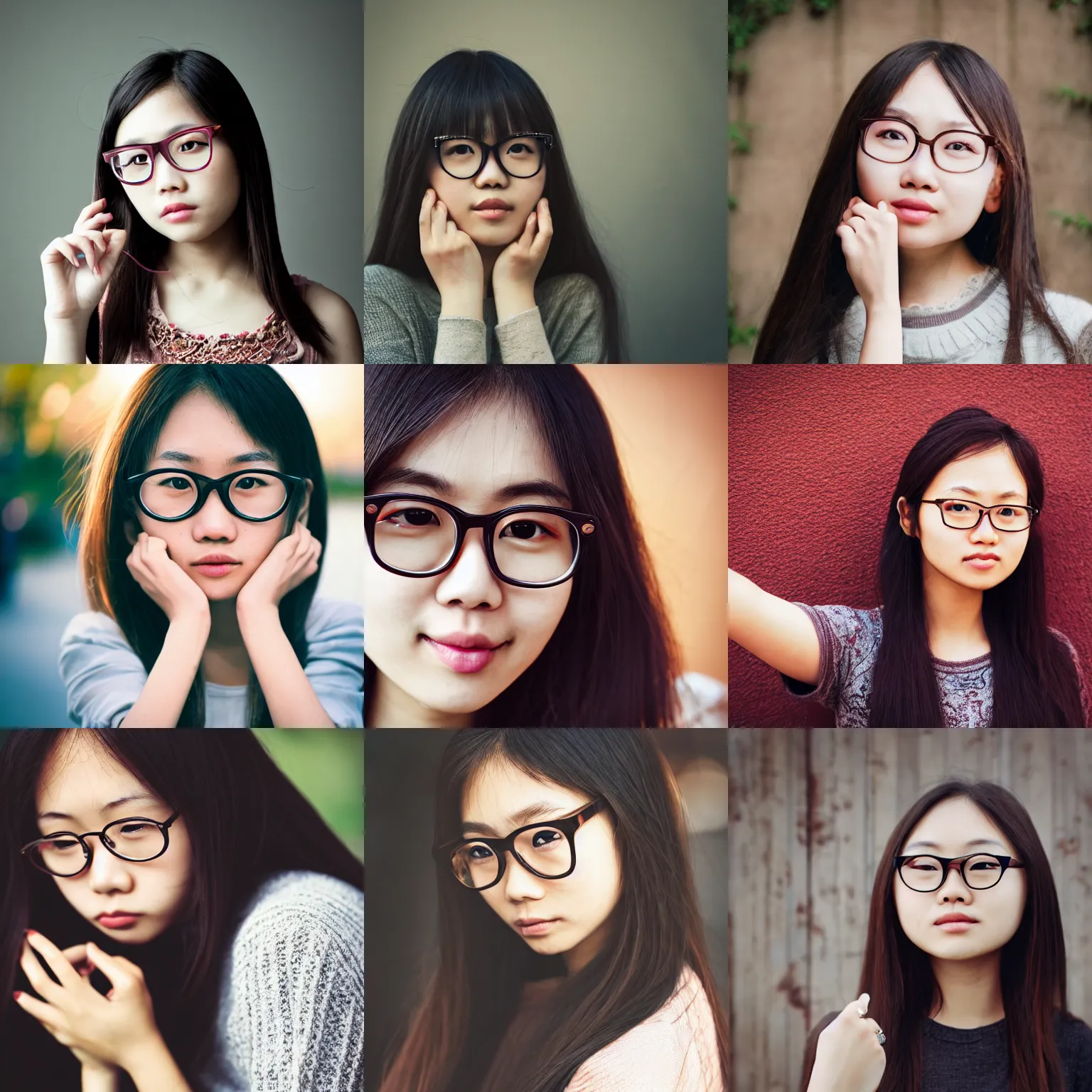 Prompt: portrait, award - winning, beautiful, cute, adorable, round faced, dark brown colored long hair, wearing round glasses and trendy clothing, asian girl, bokeh, intricate, highly detailed face and hand, 8 k