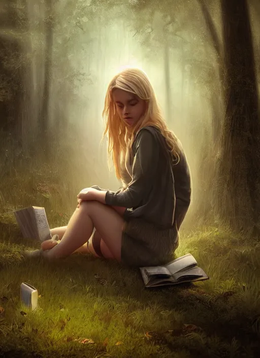 Prompt: portrait, blond girl sits in mystical misty forest, reading under a tree, fireflies, dramatic lighting, cinematic, establishing shot, extremly high detail, foto realistic, cinematic lighting, post processed, concept art, artstation, matte painting, style by eddie mendoza, raphael lacoste, alex ross