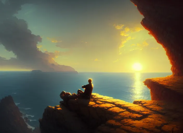 Image similar to a man sitting on a cliff watching the sun explode, painting, digital art, harsh lighting, 4 k hd wallpaper, trending on art station, art by greg rutkowski and andreas rocha 4 k