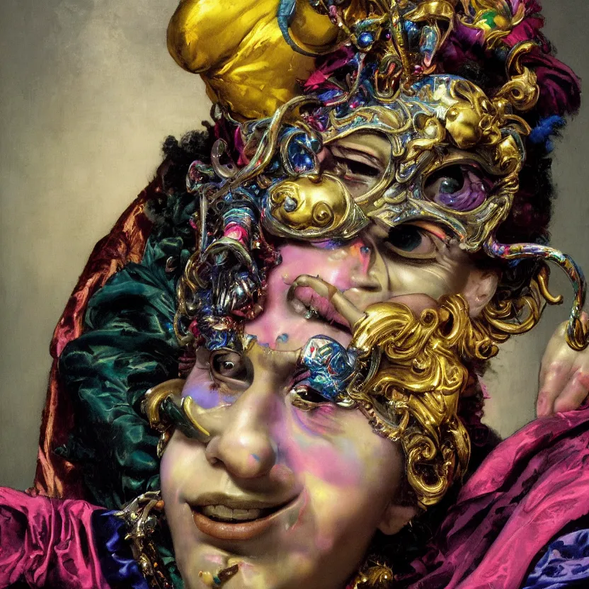 Prompt: a baroque neoclassicist close - up portrait of a colorful jester gazing intensely wearing an iridescent uv blacklight retrofuturistic venetian carnival mask at a masquerade, foggy background. renaissance portrait painting. highly detailed science fiction painting by norman rockwell, frank frazetta, and syd mead. rich colors, high contrast, gloomy atmosphere, dark background. trending on artstation