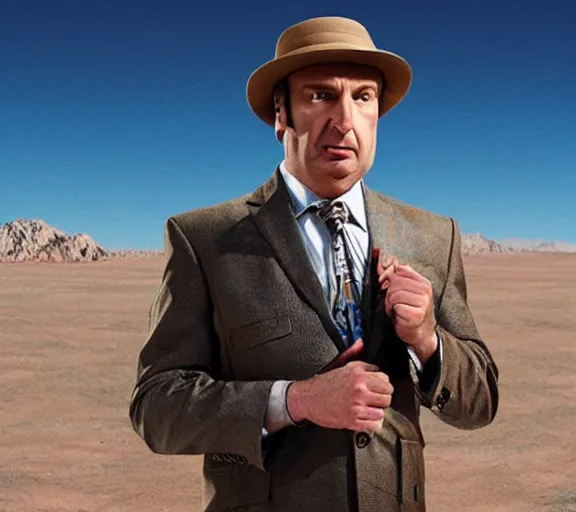 Image similar to saul goodman rapping in the desert, realistic, movie still