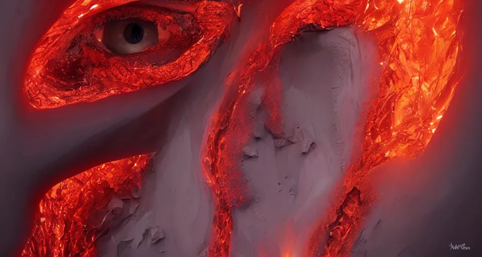 Image similar to a volcano made of ivory vines and crimson rocks enters in eruption, it spits a smoke in the shape of demonic eye, by ARTGERM