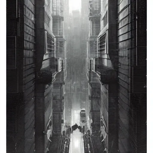 Image similar to a moody black and white neo noir film still of futuristic architecture intricate complexity, by greg rutkowski, artgerm, ross tran, conrad roset, takato yomamoto, ilya kuvshinov. 4 k, beautiful, cinematic dramatic atmosphere