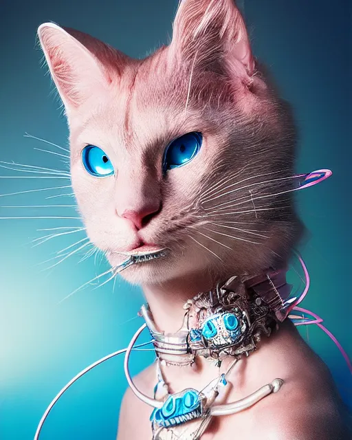 Image similar to natural light, soft focus portrait of a cyberpunk anthropomorphic cat with soft synthetic pink skin, blue bioluminescent plastics, smooth shiny metal, elaborate ornate head piece, piercings, skin textures, by annie leibovitz, paul lehr