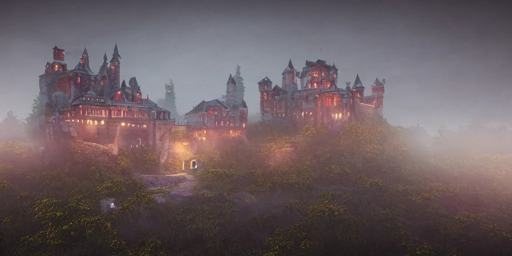 Prompt: a highly detailed photo of a post - future castle surrounded by a mist shot at night on 3 0 mm film painted by alena aenami, rendered in unreal engine