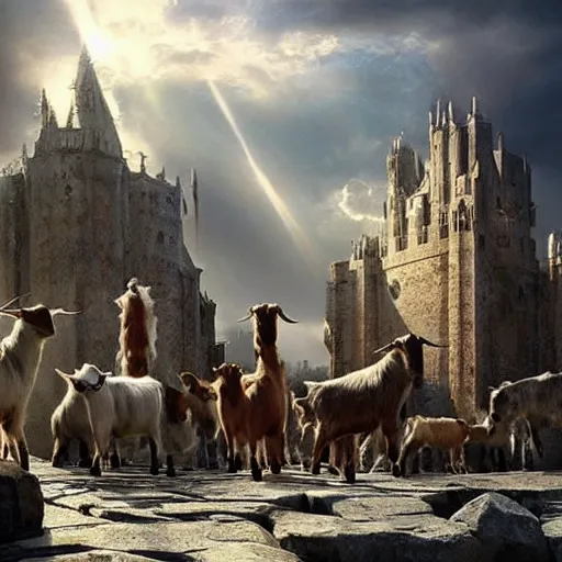 Image similar to a herd of goats! in a beautiful fantasy castle made from white stone and bright copper, medieval city, metropolis, magic, tall towers, gorgeous clouds, white marble, god rays, digital art, fantasy art, octane render, unreal engine, high detail, very realistic, by greg rutkowski. by james gurney