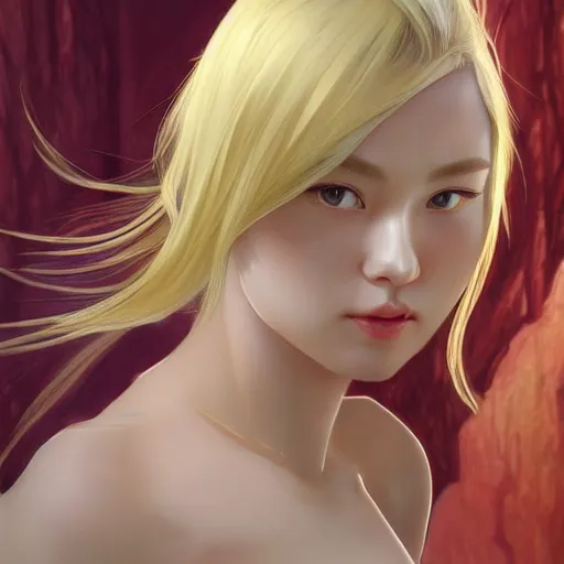 Image similar to Blonde Girl from Yakuza with thin lips, pronounced cheekbones, hair of medium length (longer caret), highly detailed, digital painting, artstation, concept art, smooth, sharp focus, illustration, ArtStation, art by artgerm and greg rutkowski and alphonse mucha and J. C. Leyendecker and Edmund Blair Leighton and Katsuhiro Otomo and Geof Darrow and Phil hale and Ashley wood and Ilya repin and Charlie Bowater