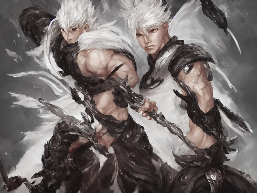 Image similar to a highly detailed illustration of fierce short white haired parted through the middle young attractive asian man, wearing hakama, with black sclera eyes, heroically battle posing, intricate, elegant, highly detailed, centered, digital painting, artstation, concept art, smooth, sharp focus, league of legends concept art, WLOP