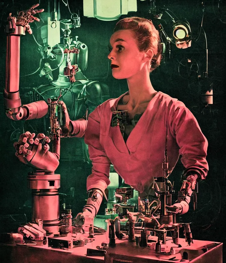 Image similar to a female mad scientist building a humanoid robot, in a darkly lit laboratory room, 1 9 5 0 s horror movie poster style, norman rockwell painting, close - up shot, retro science fiction, vintage, saturated pink and green lighting, shadowy lighting, cohesive