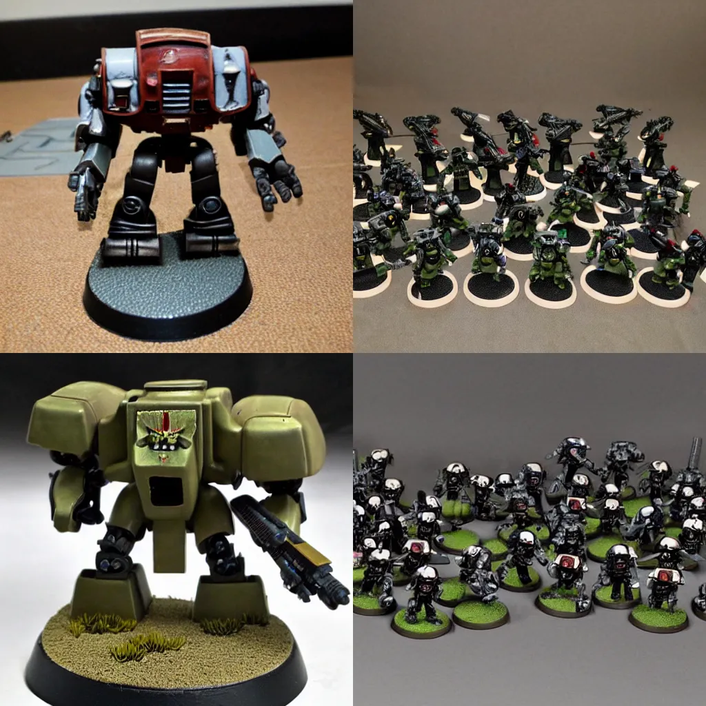 Prompt: warhammer 4 0 k army, squad of ed - 2 0 9 robots, model miniatures, tabletop army, photo