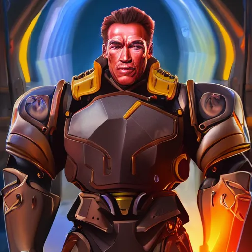 Image similar to a screenshot of arnold schwarzenegger as reinhardtin overwatch, portrait, fantasy, beautiful face, vivid colors, elegant, concept art, sharp focus, digital art, hyper - realistic, 4 k, unreal engine, highly detailed, hd, dramatic lighting by brom, trending on artstation