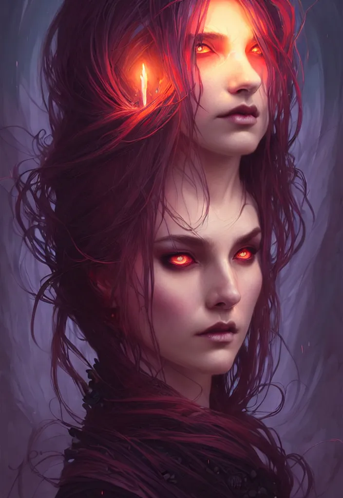 Image similar to Necromancer Sorceress face in center, fantasy magic, undercut hairstyle, dark light night, intricate, elegant, sharp focus, illustration, highly detailed, digital painting, concept art, matte, art by WLOP and Artgerm and Greg Rutkowski and Alphonse Mucha, masterpiece