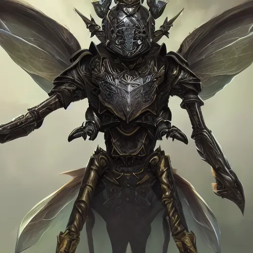 Image similar to portrait of humanoid mosquito resembling a knight in black monstrous armor with two dragonfly wings, league of legends splash art, hearthstone splash art, full body shot, rule of thirds, ultrafine hyperrealistic detailed face, artgerm, greg rutkowski, trending on artstation, 8 k, intricately detailed, highly detailed