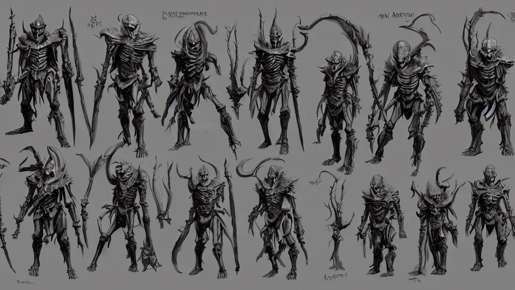 Prompt: A dungeons and dragons monster manual sketch of an army of skeleton warriors, concept art, matte painting, 8k, highly detailed, artstation