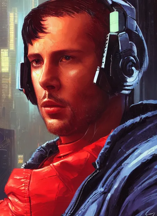 Image similar to cyberpunk character wearing jumpsuit and red jacket and cyberpunk headset. ( blade runner 2 0 4 9, dystopian, cyberpunk 2 0 7 7 character design ). attractive face. portrait by james gurney and laurie greasley, oil on canvas. cinematic, hyper realism, realistic proportions, anatomy, dramatic lighting, high detail 4 k