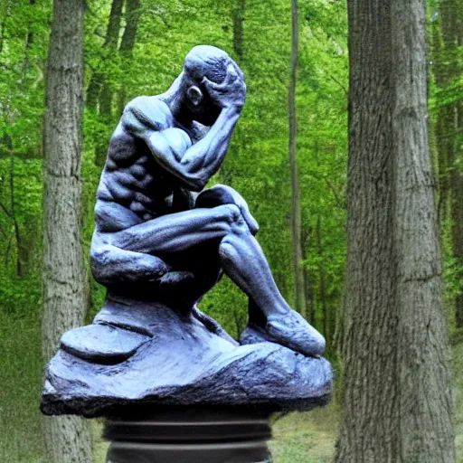 Image similar to scratch sketch of The thinker sculpture in the style of William Bartram with mushrooms at the base , placed in a lush forest