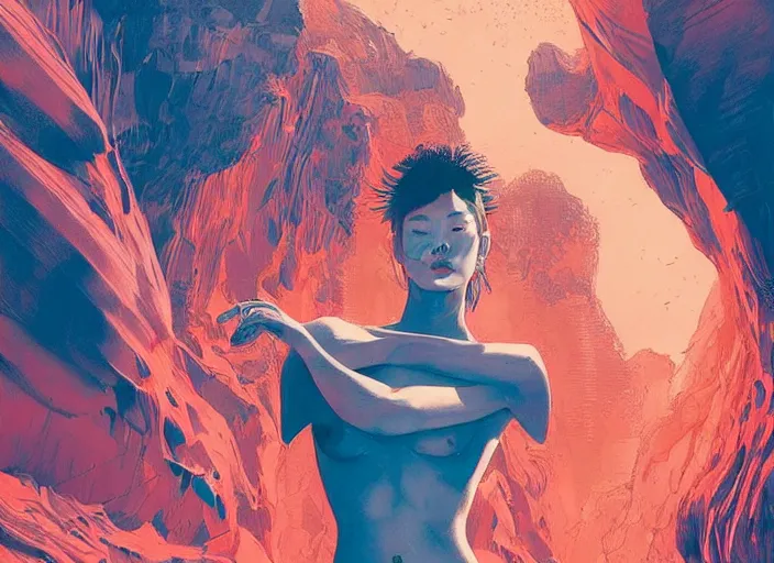 Image similar to lee jin - eun emerging from pink water in cyberpunk theme during a blood moon by the edge of a royal blue antelope canyon by conrad roset, nicola samuri, dino valls, m. w. kaluta, rule of thirds, seductive look, beautiful