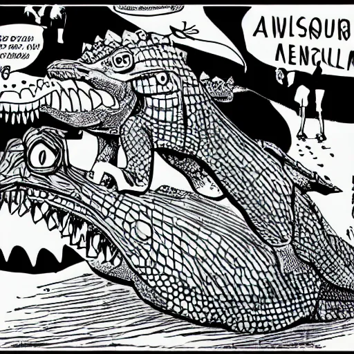 Prompt: Angela Merkel riding a crocodile, manga art, high resolution