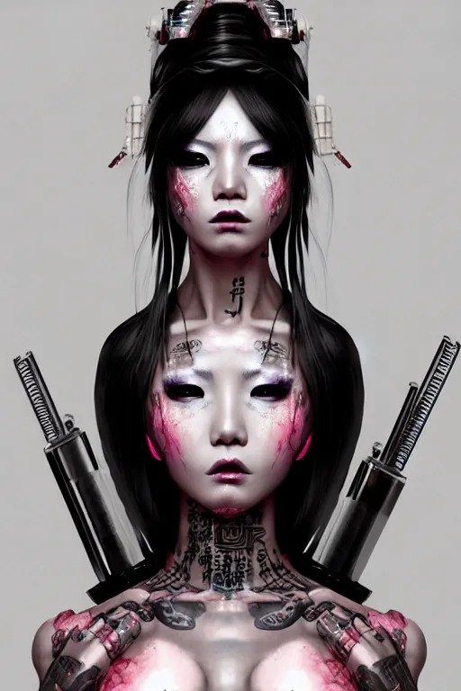 Image similar to soft lustrous ebony asian geisha goddess yakuza biotech raver gutter punk gothic cyborg, cyberpunk city, urban decay, decay, underworld, dark art, highly detailed, digital painting, octane render, artstation, concept art, smooth, sharp focus, illustration, art by artgerm, loish, wlop