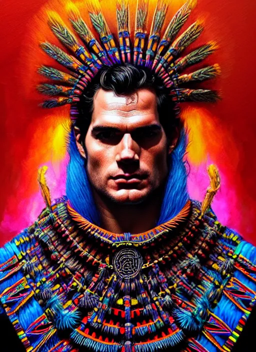 Prompt: portrait of henry cavill, hyper detailed ultra sharp aztec shaman warrior. trending on artstation, warpaint aesthetic, bloodwave, colorful, psychedelic, ornate, intricate, digital painting, concept art, smooth, sharp focus, illustration, art by artgerm and greg rutkowski and h. r. giger, 8 k