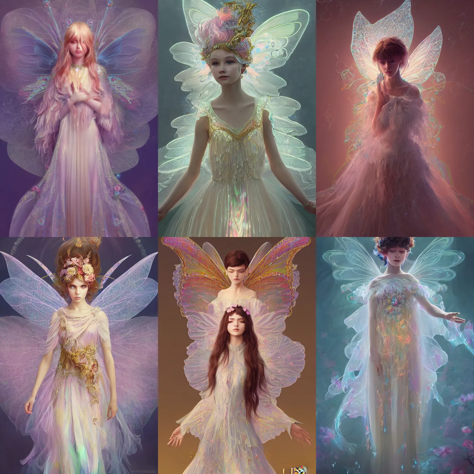 Prompt: Concept, Digital Art, Highly detailed irridescent ghostly fairy with flowy clothing and ornate clothes by ilya kuvshinov. Very highly detailed 8K, octane, Digital painting, the golden ratio, rational painting