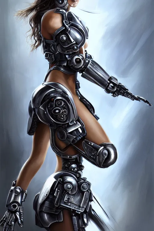 Image similar to a photorealistically painted portrait of an attractive young girl, partially clothed in cybernetic battle armor, with an abstractly painted background, flawless olive skin, fair complexion, long dark hair, beautiful bone structure, perfectly symmetric facial features, perfect photorealistic eyes, natural physique, intricate, elegant, digital painting, concept art, finely detailed, beautifully illustrated, sharp focus, minimal artifacts, volumetric lighting, from Metal Gear, by Ruan Jia and Mandy Jurgens and Artgerm and William-Adolphe Bouguerea, in the style of Greg Rutkowski, trending on Artstation, award winning art