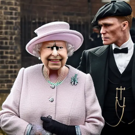 Prompt: Queen Elizabeth holds Tommy Shelby at gunpoint in an episode of Peaky Blinders