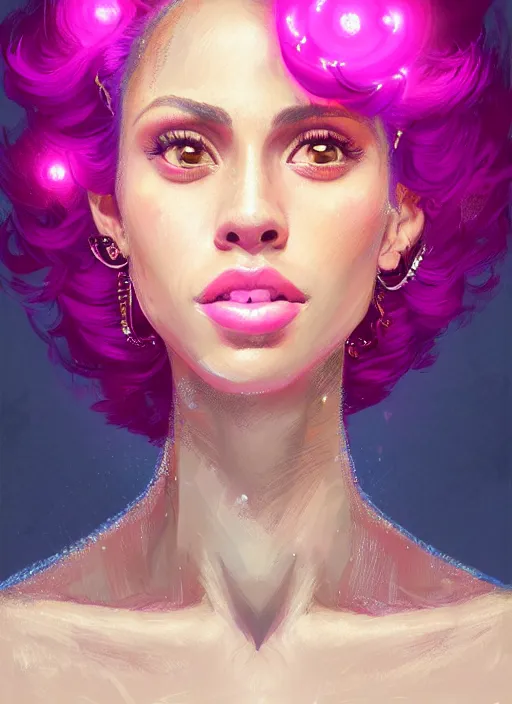 Image similar to portrait of vanessa morgan with bright pink hair, curly pixie cut hair, wearing a purple breton cap, breton cap, hoop earrings, intricate, elegant, glowing lights, highly detailed, digital painting, artstation, concept art, smooth, sharp focus, illustration, art by wlop, mars ravelo and greg rutkowski