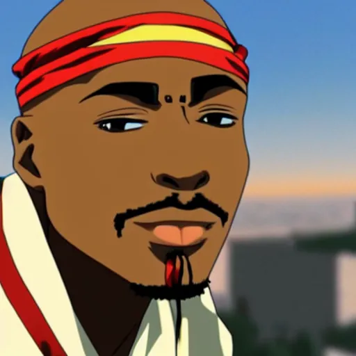 Image similar to Tupac Shakur, screenshot from a 2012s anime