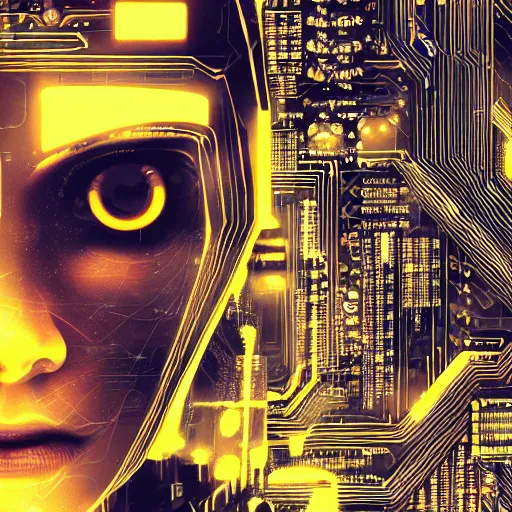 Image similar to a face covered in computer circuits, scifi, bladerunner, cyberpunk, heavy ink, yellow, very detailed eyes, 8 k resolution, by wlop, greg rutkowski