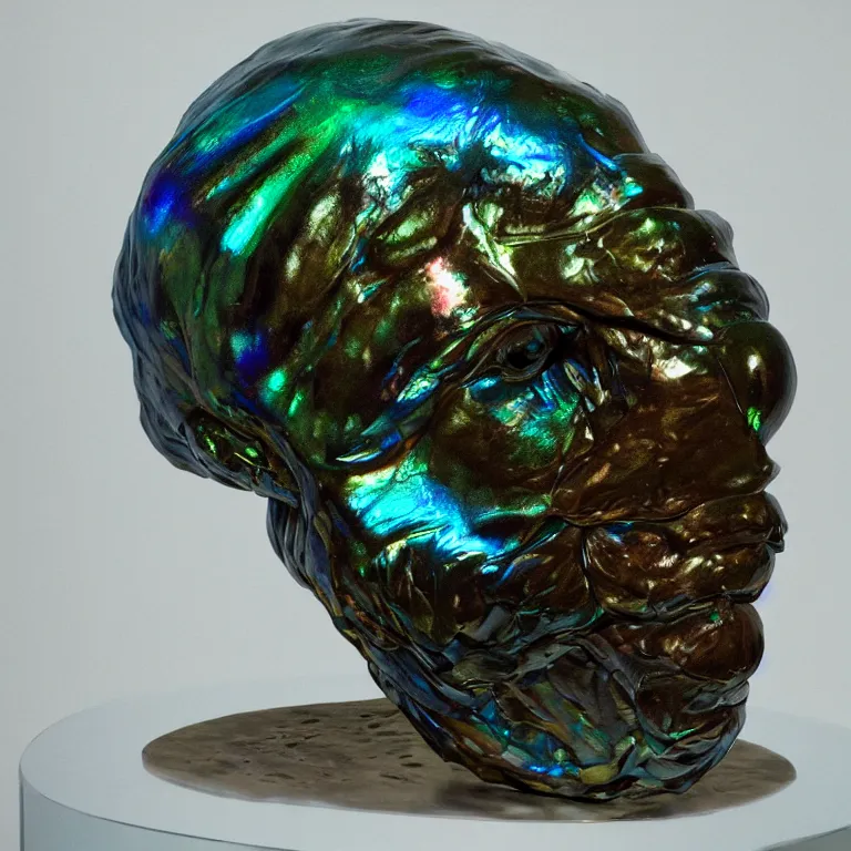 Prompt: hyperrealistic sculpture of an iron trilobite fossil encased in a solid cube of iridescent glass on a pedestal by ron mueck and duane hanson and damien hirst, hyperrealistic dramatic colored lighting trending on artstation 8 k