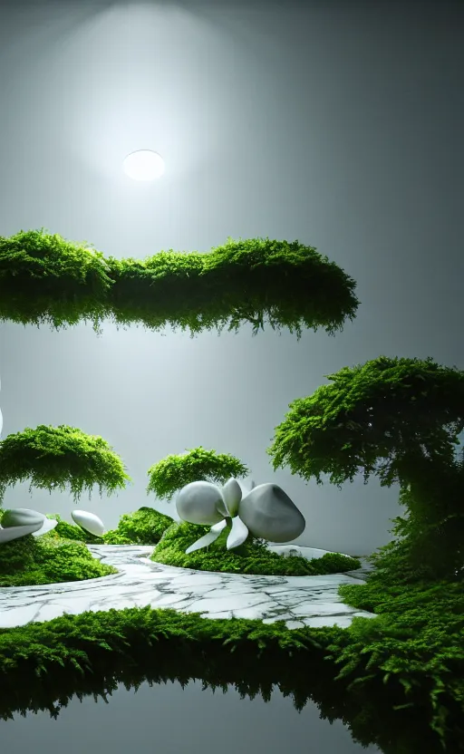 Image similar to highly detailed ultra sharp 3 d render cinematic composition of a smooth ceramic porcelain magnolia stone white fluid fractal sci - fi surreal architecture landscape, marble, magnesium, vining foliage blooms, archviz, vincent callebaut composition, mamou - mani, beautiful lighting, 8 k, unreal engine, hdr, dof