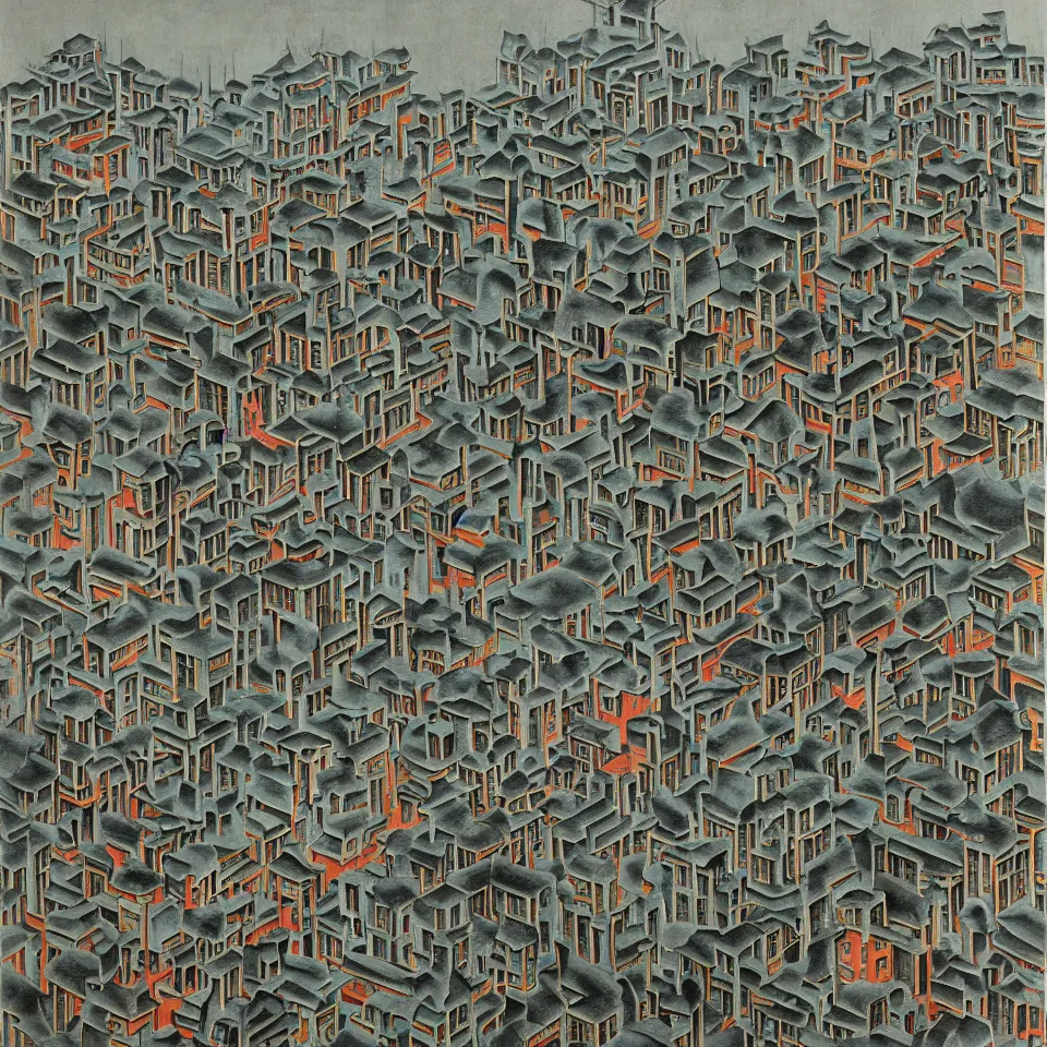 Prompt: a painting of abstract buildings like hongcun ancient village houses by yves tanguy