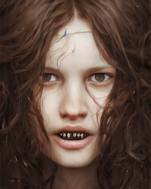 Image similar to portrait of 1 5 - year - old girl with thick brown hair, large front teeth, and bright piercing brown eyes, hyper realistic face, beautiful eyes, fantasy art, in the style of greg rutkowski, intricate, hyper detailed, smooth