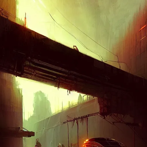 Prompt: a retrofuturistic train driving trough dystopian hellscape, long shot, lumnious, magical, atmospheric, urban concept art, backlighting, by greg rutkowski *, martin mottet, maya takamura, and william turner